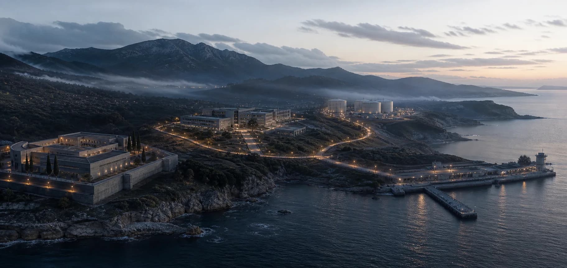 Conceptual coastal landscape combining institutional, industrial and port environments.